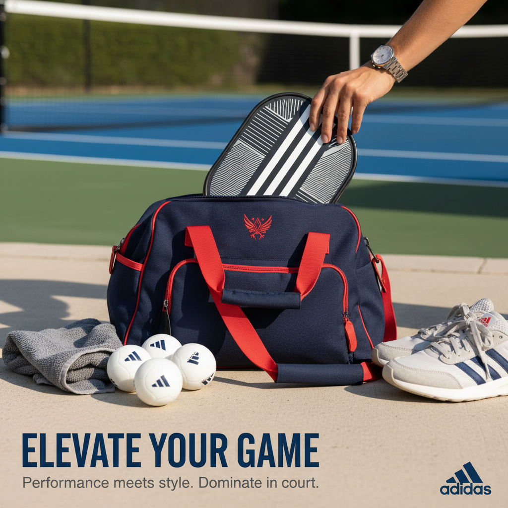 padelpickleball.store adidas Match pickleball paddle with black and white three-stripe design on a court surface