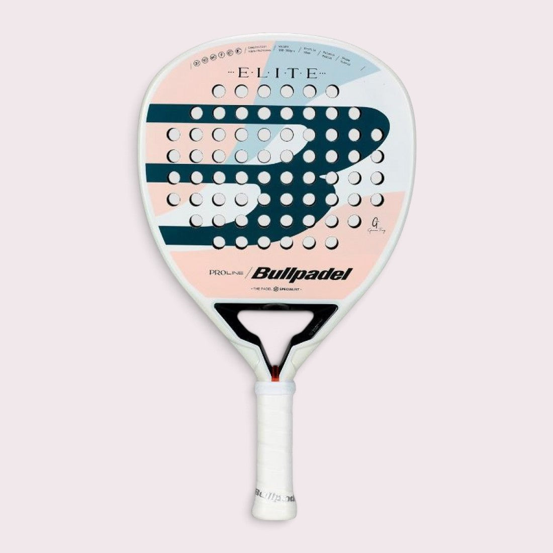padelpickleball.store Bullpadel Elite Woman 2025 Gemma Triay hybrid padel racket in white, pink, and dark teal