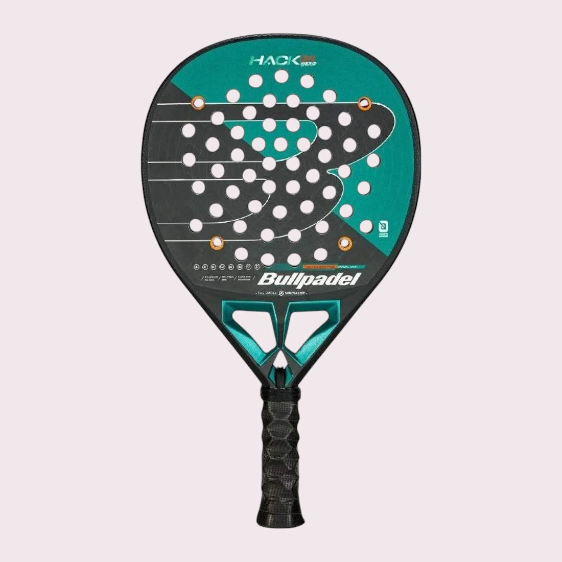 padelpickleball.store Bullpadel Hack 04 Hybrid 2025 padel racket with black and teal carbon fiber design