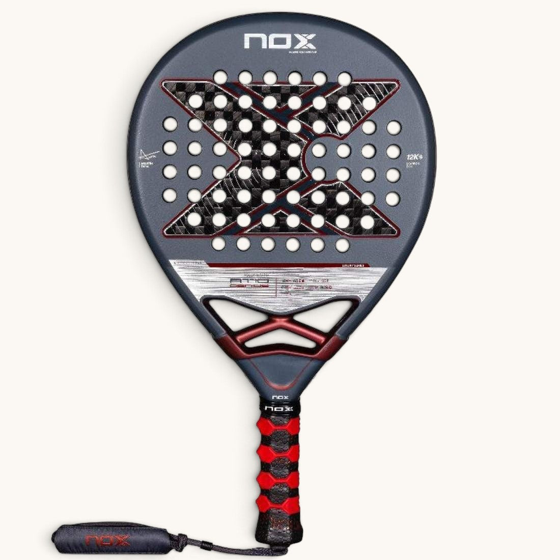 padelpickleball.store Nox AT10 Genius 12K 2025 padel racket with carbon fiber face and red grip detail
