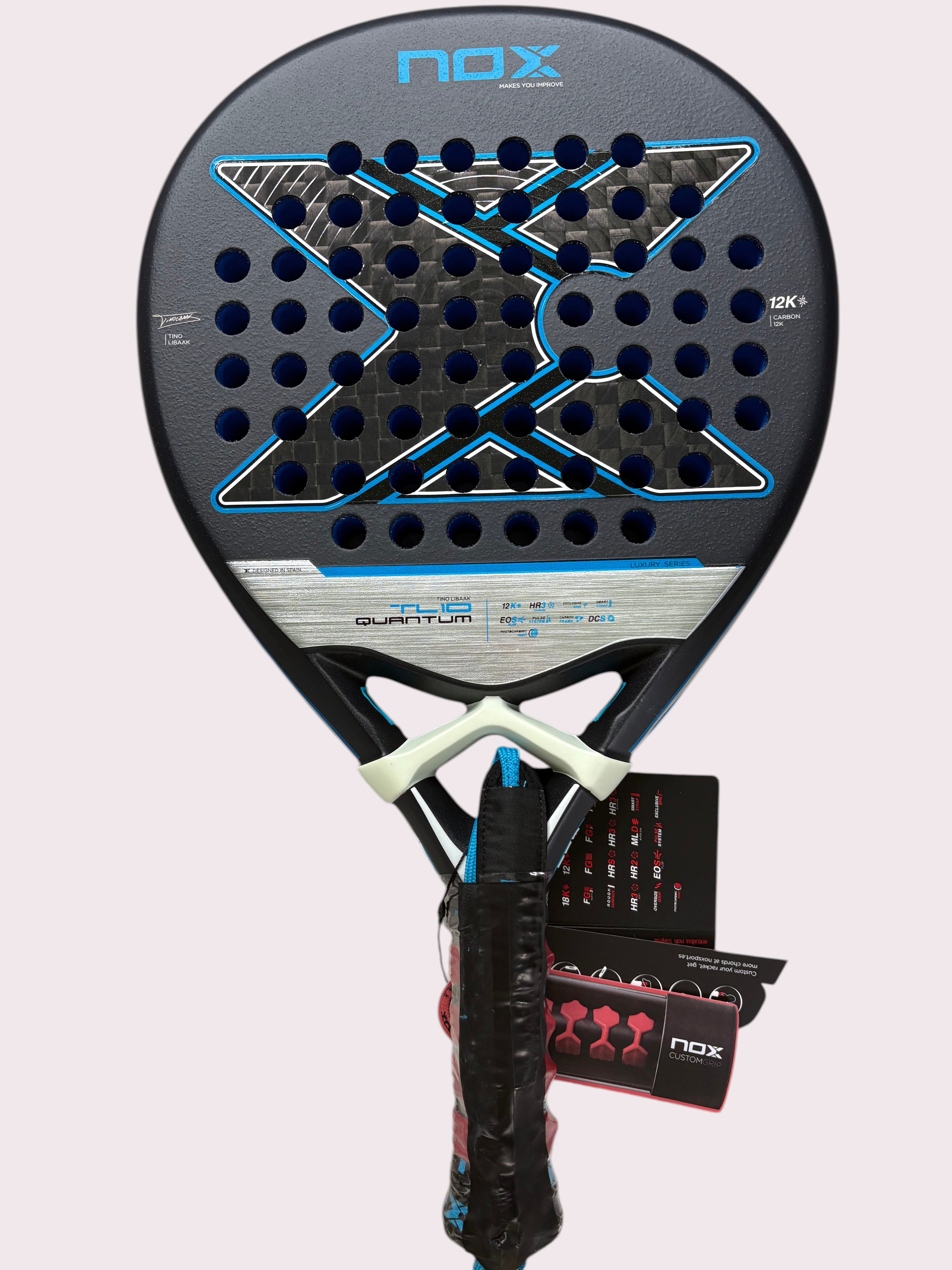 padelpickleball.store NOXTL10 Quantum 12K teardrop padel racket in black and cobalt blue carbon fiber
